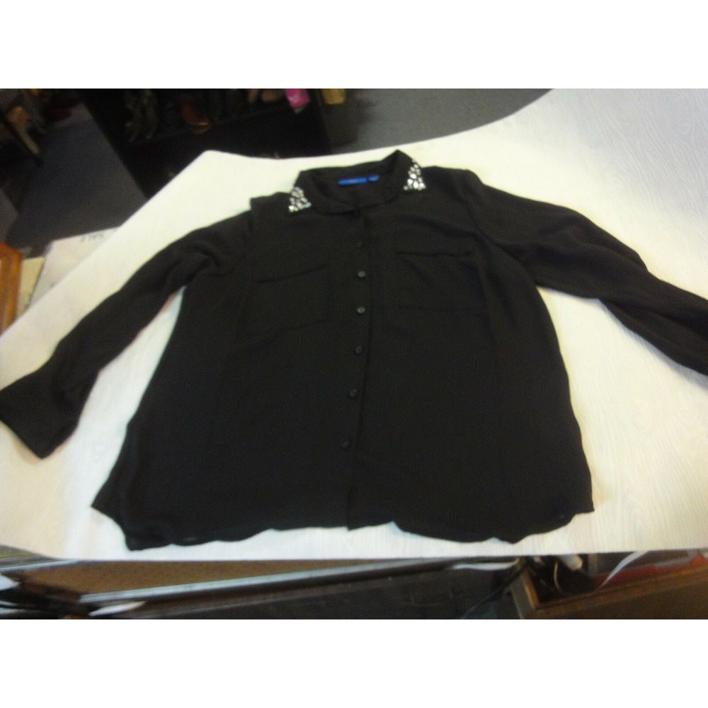 Apt 9 black button up blouse beaded embleshments adjustable long sleeves large